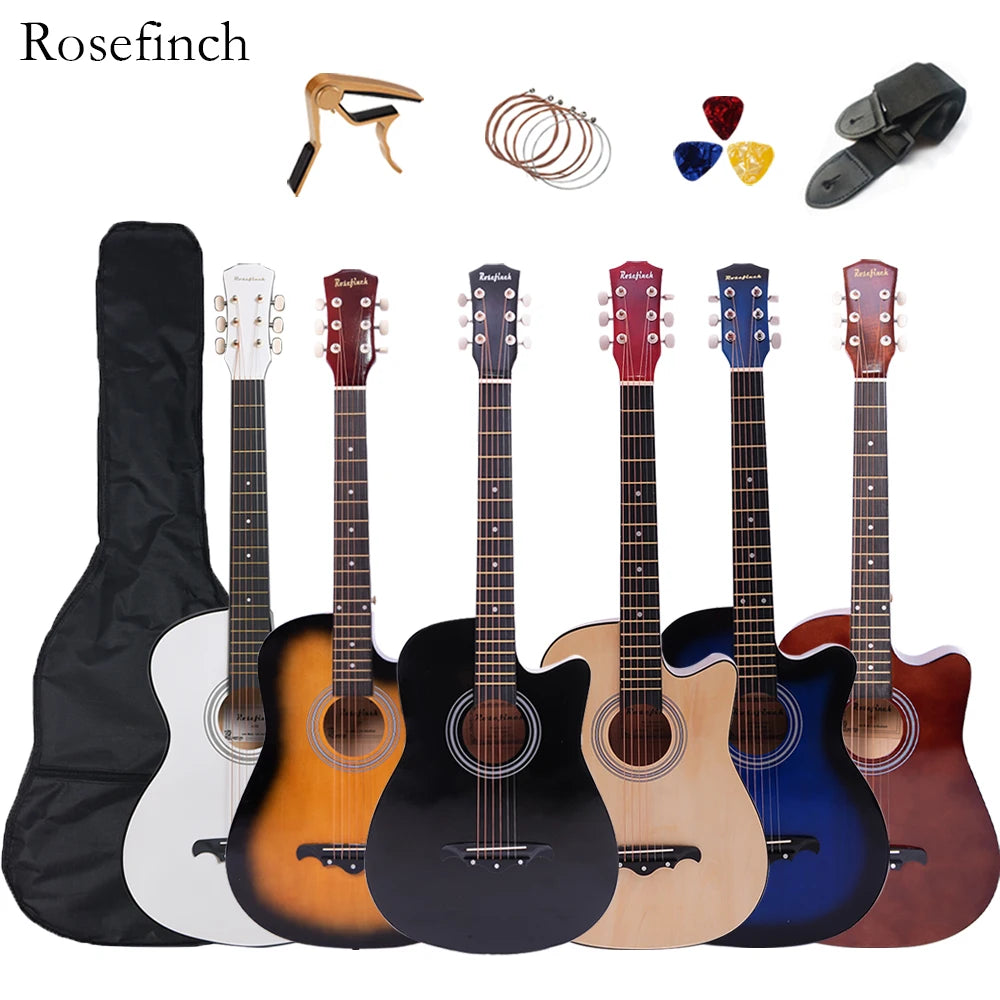 Kit de guitarra acústica de 38 pulgadas con cejilla, púas, funda y 6 cuerdas de acero