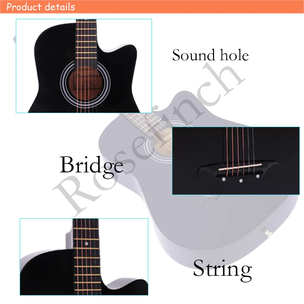 Kit de guitarra acústica de 38 pulgadas con cejilla, púas, funda y 6 cuerdas de acero