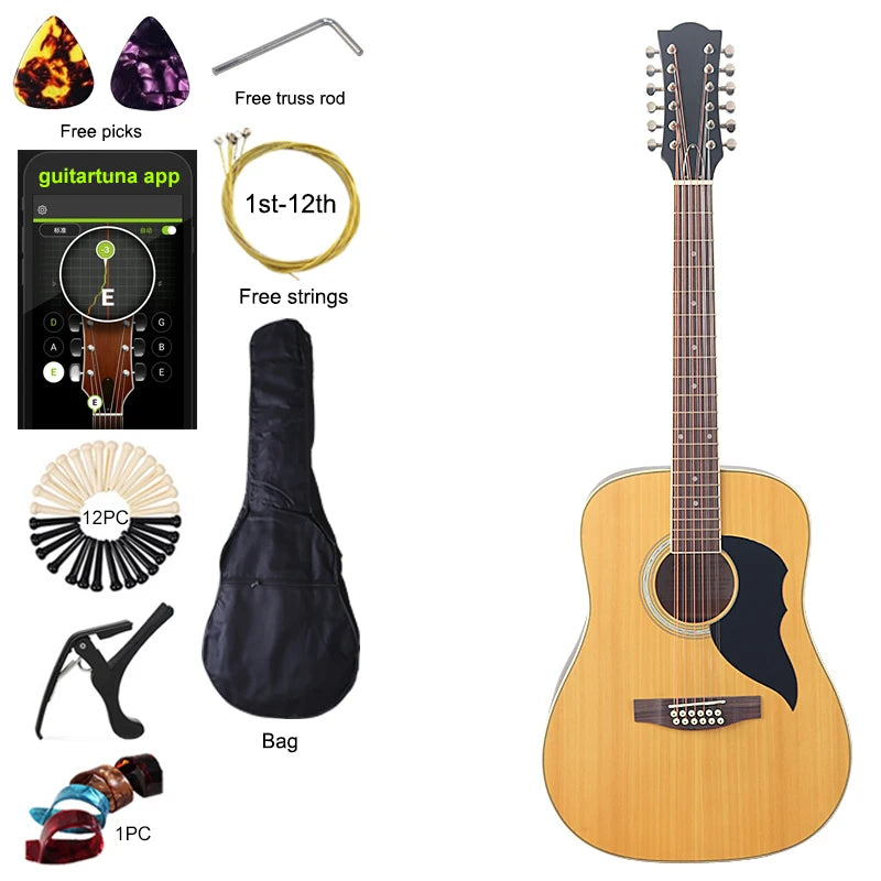 Acoustic Guitar 12 String Natural Color Black Color Full Size 41 Inch Folk Guitar Spruce Wood Top With Flaw