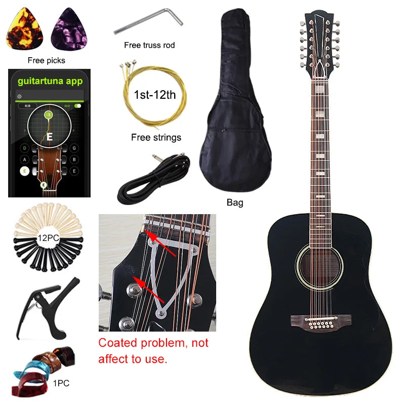 Acoustic Guitar 12 String Natural Color Black Color Full Size 41 Inch Folk Guitar Spruce Wood Top With Flaw