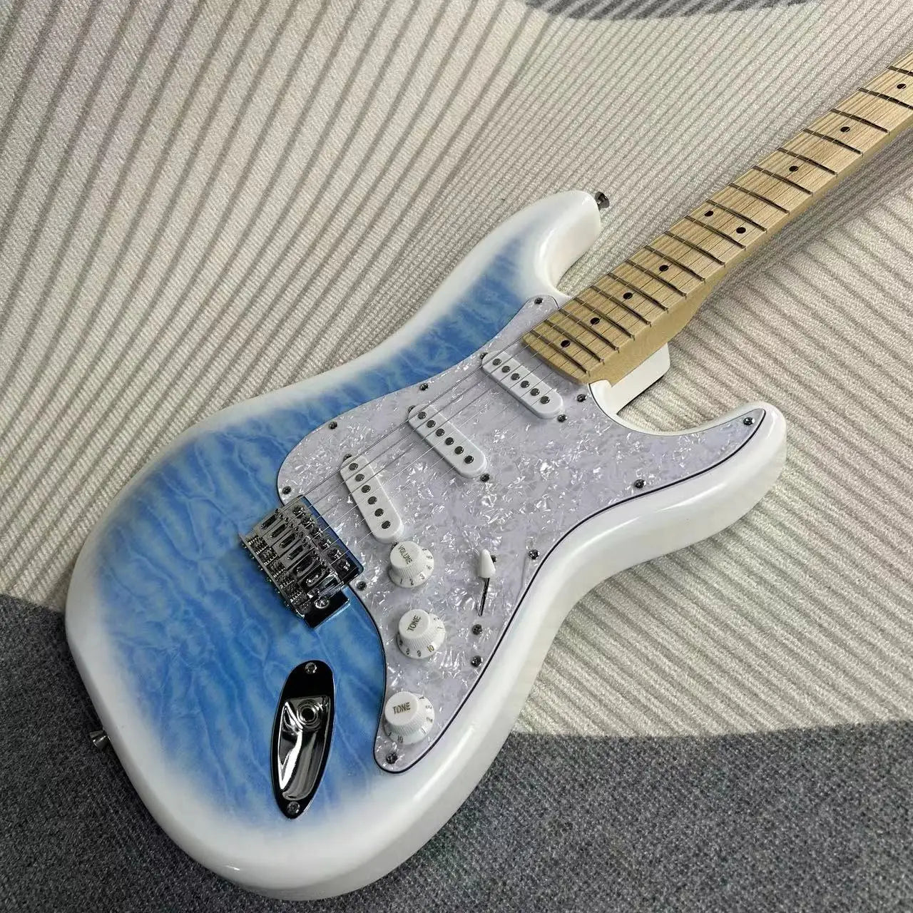 Gleeson Hot Sale ST Electric Guitars White&Sky Blue Version 21 Frets Matte Finish Maple Neck
