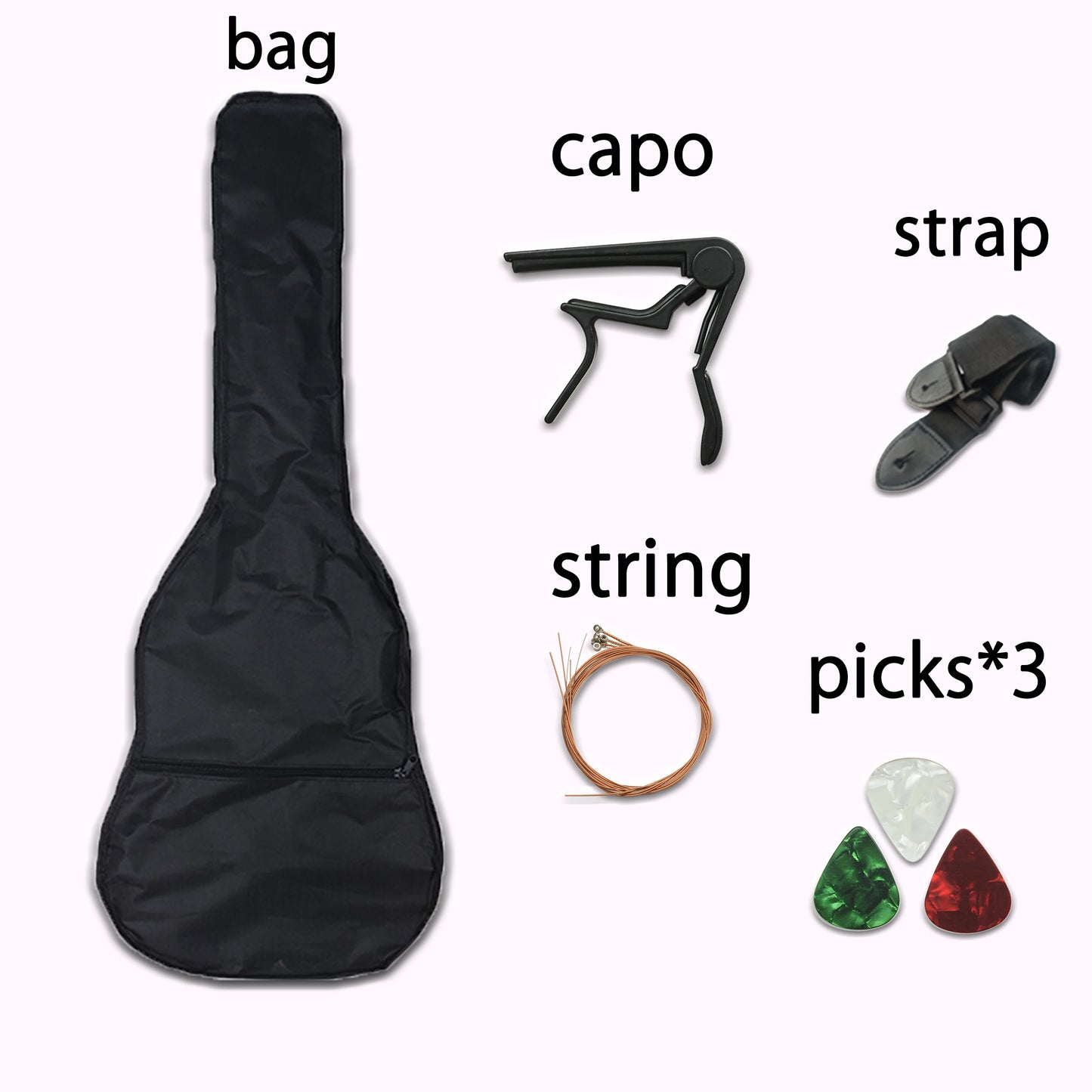 Kit de guitarra acústica de 38 pulgadas con cejilla, púas, funda y 6 cuerdas de acero