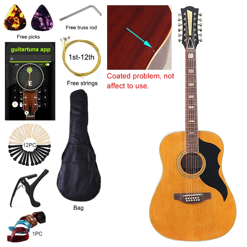 Acoustic Guitar 12 String Natural Color Black Color Full Size 41 Inch Folk Guitar Spruce Wood Top With Flaw