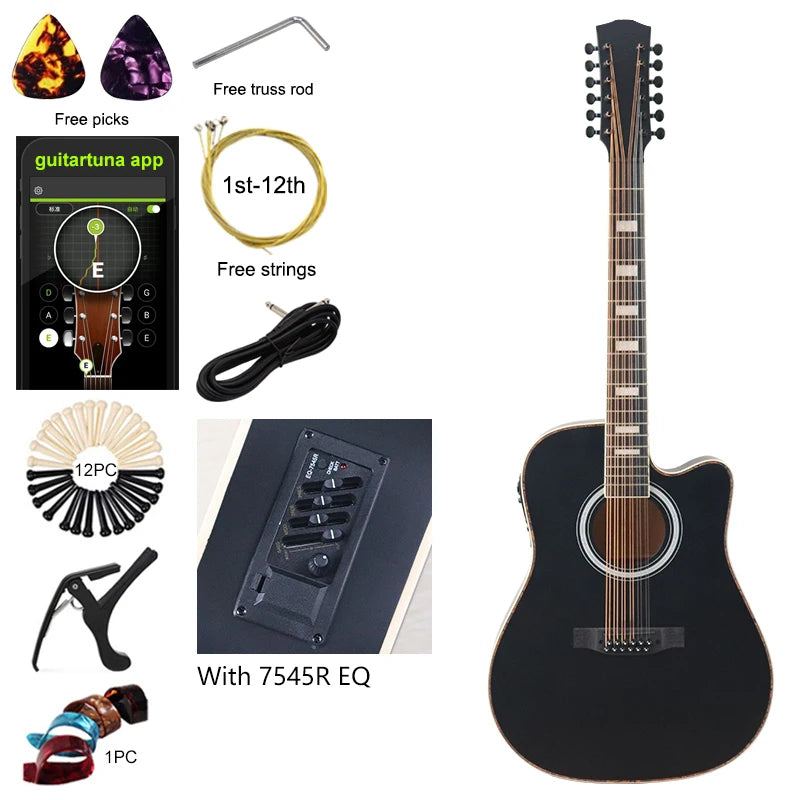 Acoustic Guitar 12 String Natural Color Black Color Full Size 41 Inch Folk Guitar Spruce Wood Top With Flaw