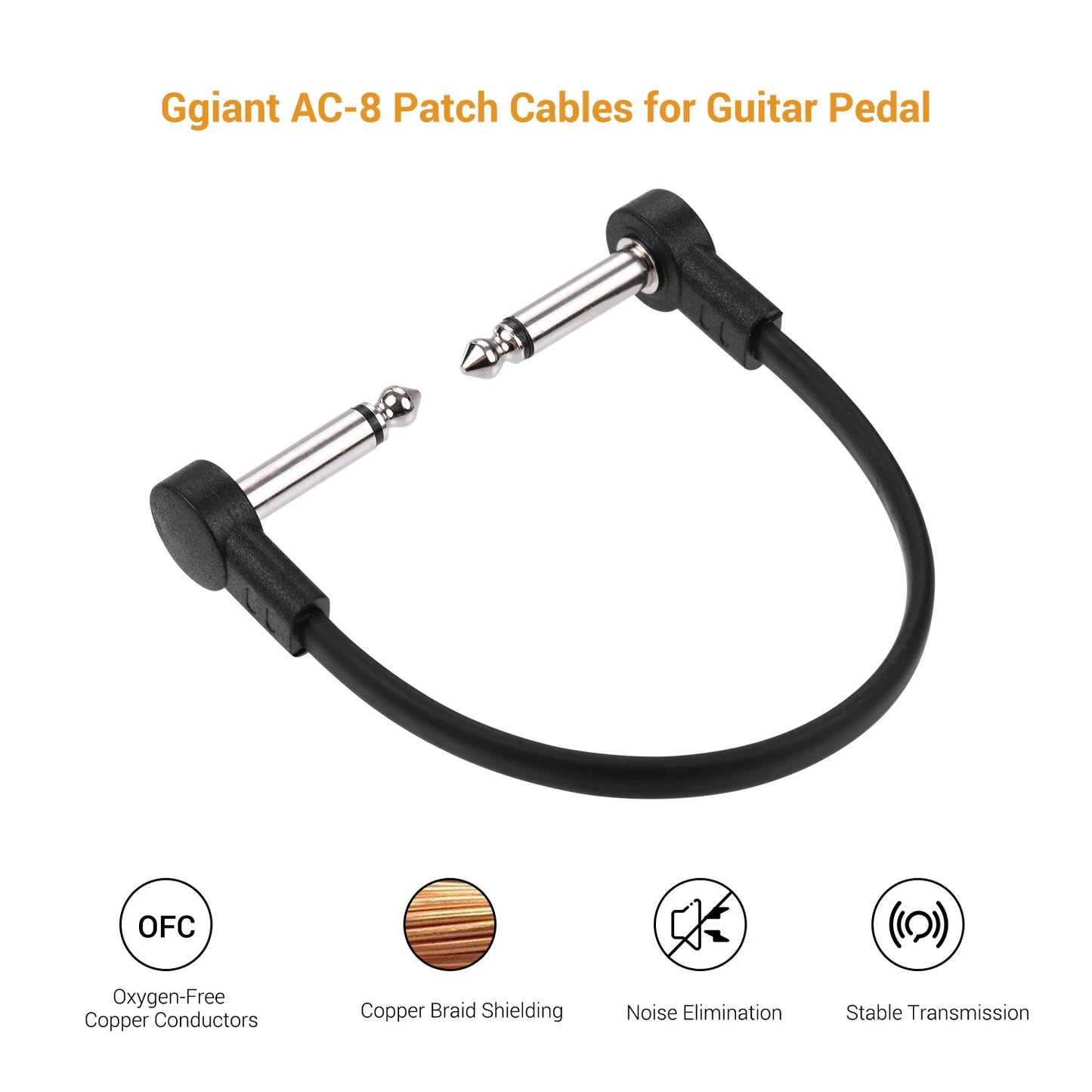4 Pack Giant AC-8 Guitar Effect Pedal Flat Patch Cables 6" Length w/ 1/4" Right Angle Connectors