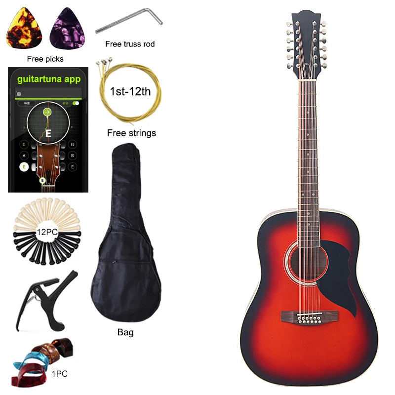 Acoustic Guitar 12 String Natural Color Black Color Full Size 41 Inch Folk Guitar Spruce Wood Top With Flaw