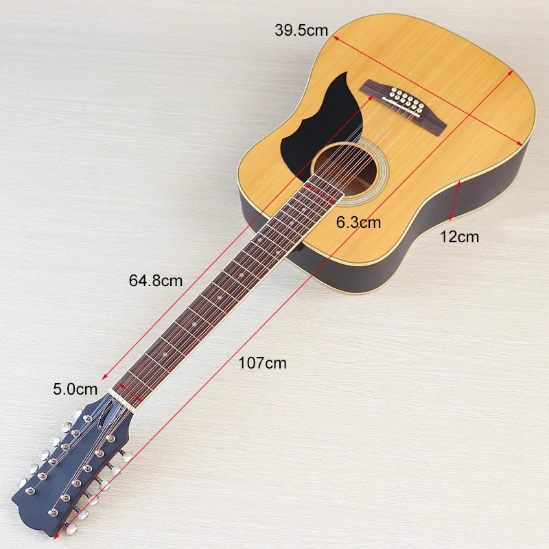 Acoustic Guitar 12 String Natural Color Black Color Full Size 41 Inch Folk Guitar Spruce Wood Top With Flaw