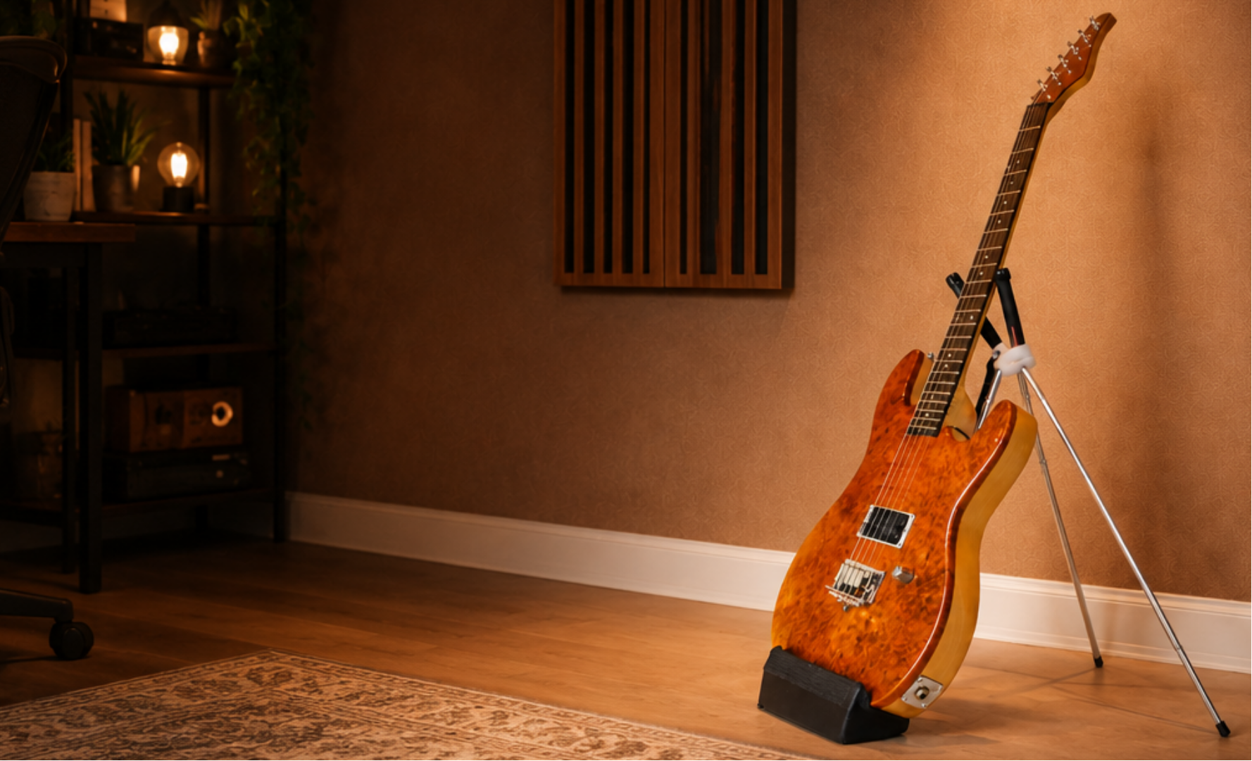 A guitar resting in a Breeze Guitar Stand