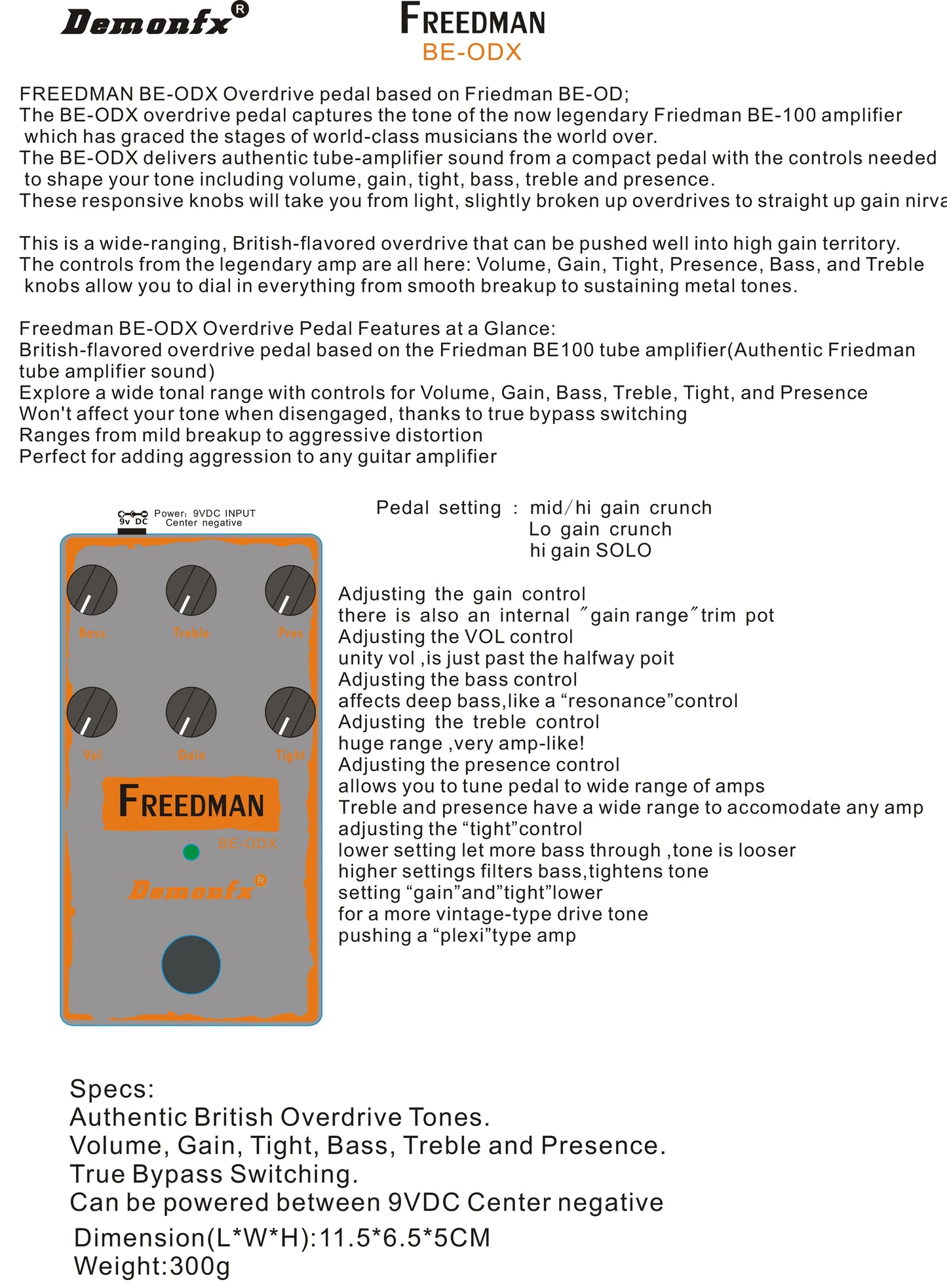 Freedman BE-ODX Guitar Effect Pedal Overdrive With True Bypass -Demonfx
