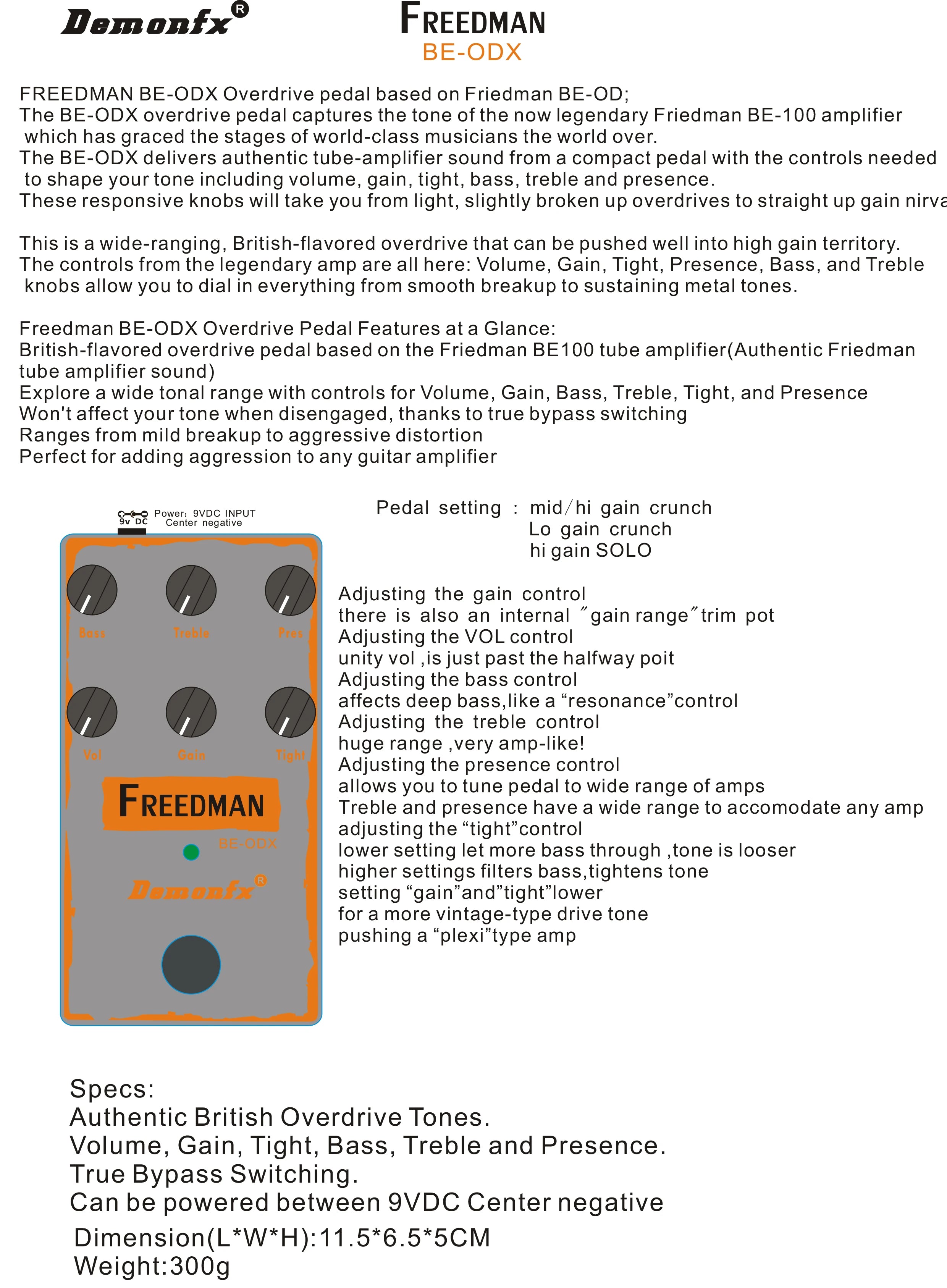Freedman BE-ODX Guitar Effect Pedal Overdrive With True Bypass -Demonfx