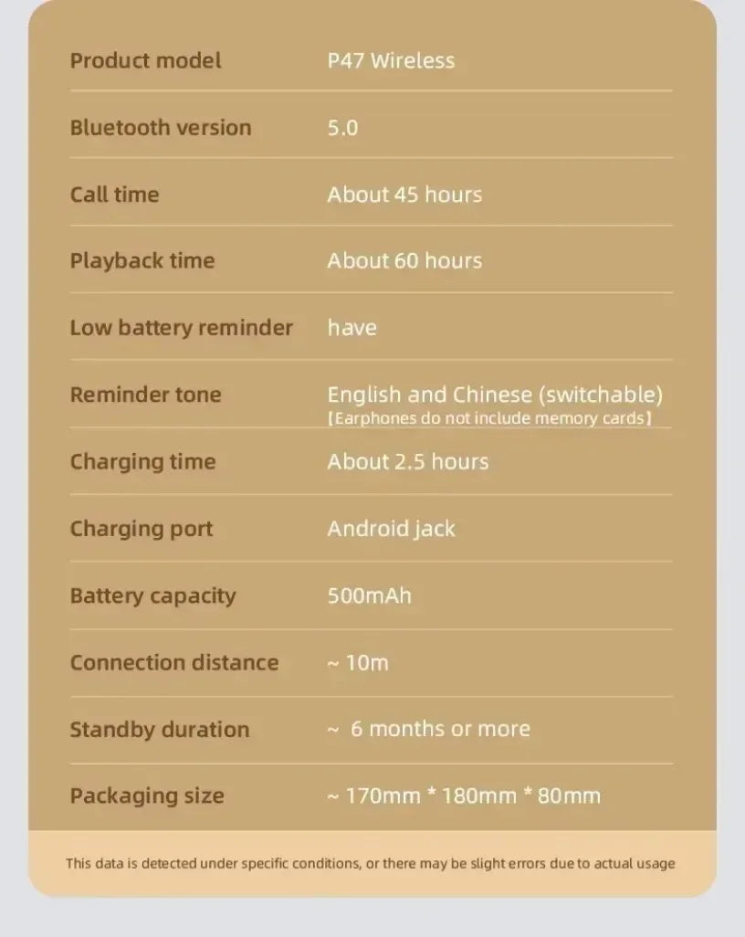 P47 Wireless bluetooth headphone With Mic Noise Cancelling Headsets Stereo Sound Earphones Sports Gaming Headphones Supports PC