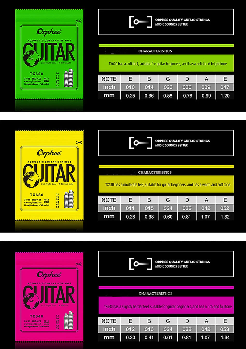 Orphee 10 Sets TX620/TX630/TX640 Acoustic Guitar Strings Set 75/25 Bronze Hexagonal Core 10-47/11-52/12-53