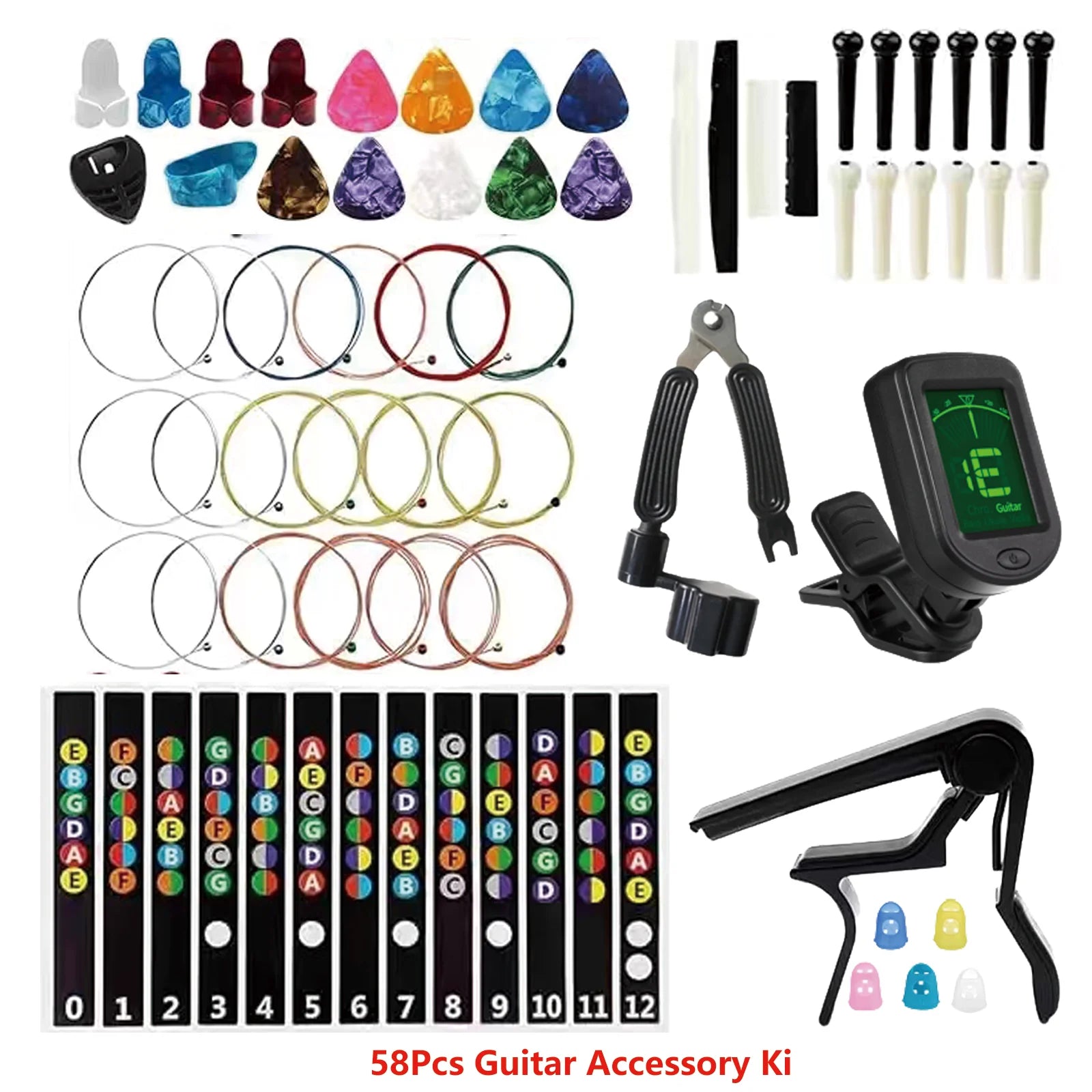 58-in-1 Guitar Accessory Set：Tuner, Capo,String Cutter, Varied Strings, Colorful Picks and Other Must-Haves for Guitar Players