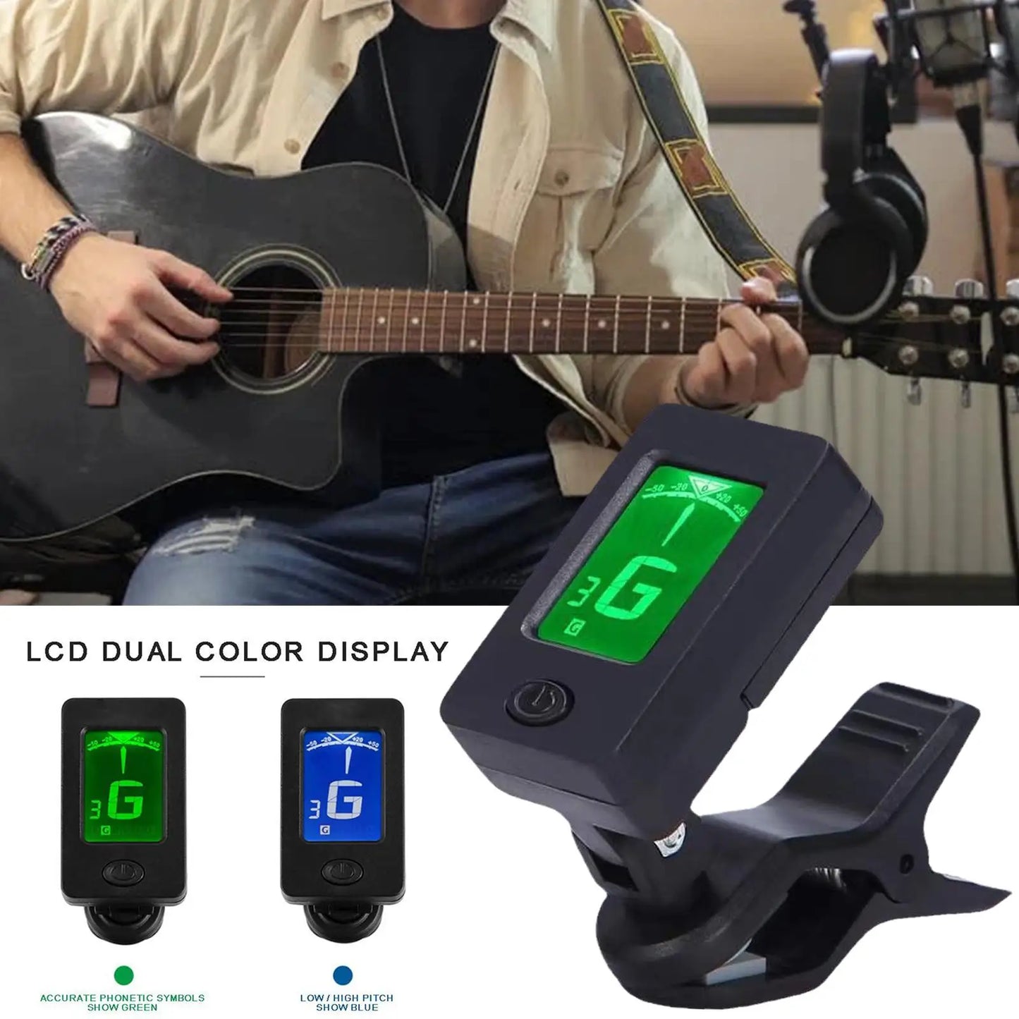 Guitar Tuner Device 12-Tone Ukulele Bass Violin Tuner Portable Automatic Vibration Transmission Instrument Tuner Accessory
