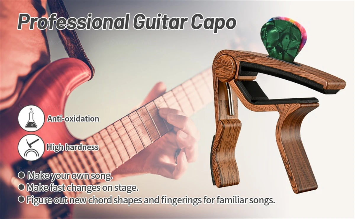 Guitar Capo Adjustment Clip Excellent Metal Picks Holder for Acoustic Electric Guitars Bass Ukulele with 4 Picks
