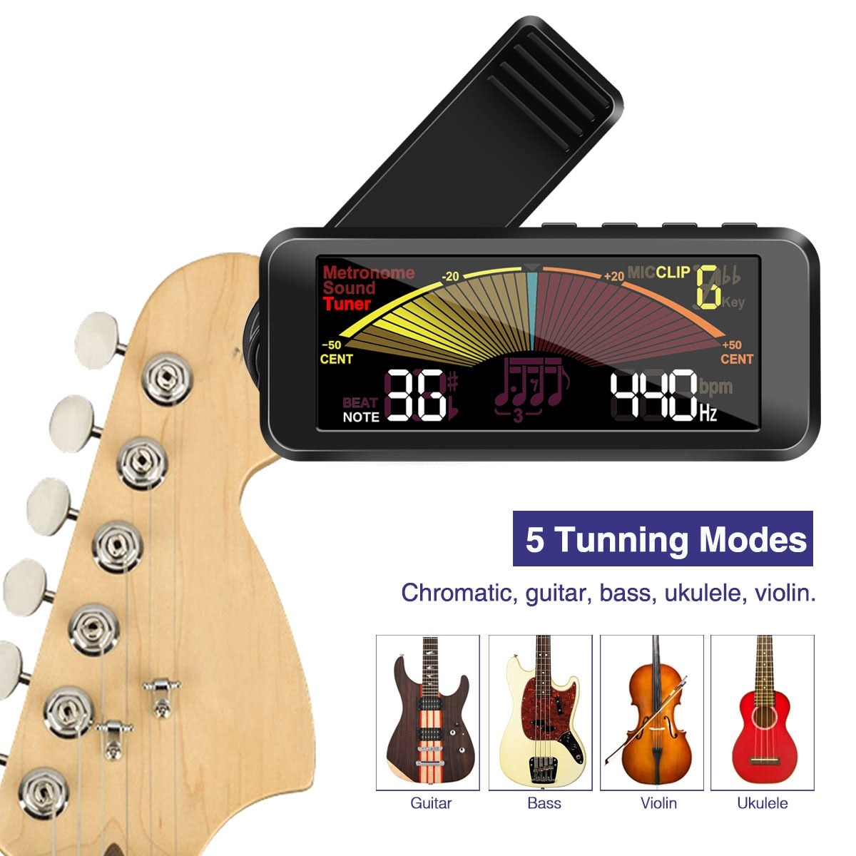 3 in 1 360 Clip-on Guitar Bass Drum Violin Tuner Metronome Rechargeable Digital Metronome Tuner Tone Generator
