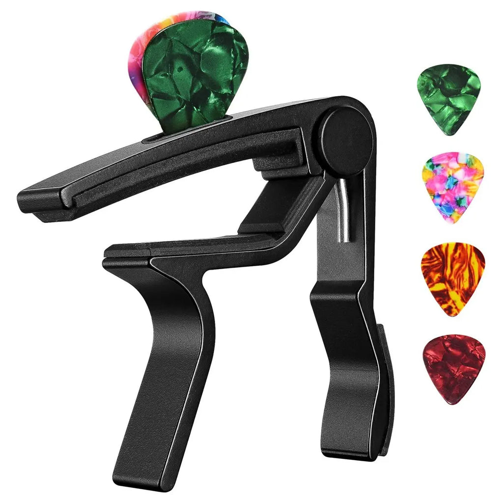 Guitar Capo Adjustment Clip Excellent Metal Picks Holder for Acoustic Electric Guitars Bass Ukulele with 4 Picks