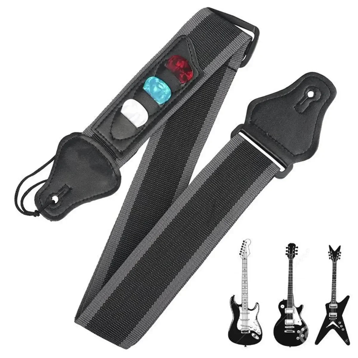 Adjustable Electric Guitar Strap with 3 Guitar Picks Holders PU Leather Ends Acoustic Guitar Bass Strap Belt Accessories