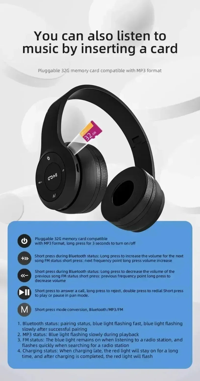 P47 Wireless bluetooth headphone With Mic Noise Cancelling Headsets Stereo Sound Earphones Sports Gaming Headphones Supports PC