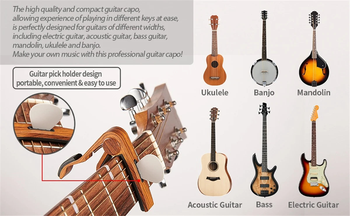 Guitar Capo Adjustment Clip Excellent Metal Picks Holder for Acoustic Electric Guitars Bass Ukulele with 4 Picks