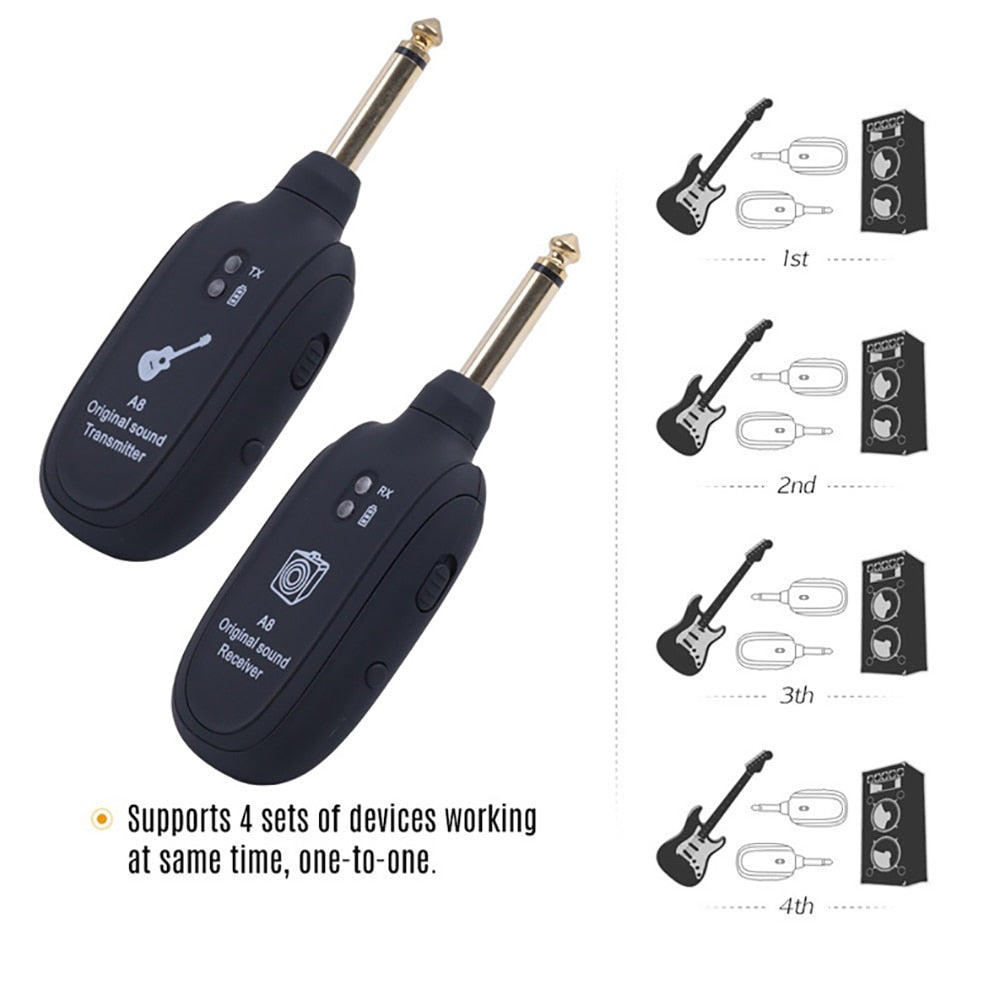Wireless Guitar System Transmitter Receiver UHF 4 Channels Built-In Rechargeable A8 Transmitter for Electric Guitar Bass