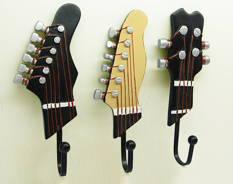 Retro 3 Pcs/Set Guitar Heads Hooks Music Home Resin Clothes Hat Hanger Movie Wall Mounted Hook for Home Decoration